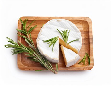 pieces of tasty camembert cheese and rosemary isolated on white top view