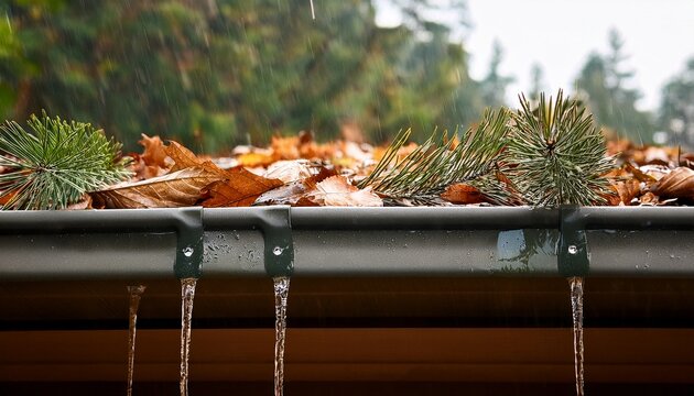 raindrops on a gutter full of leaves and pine needles