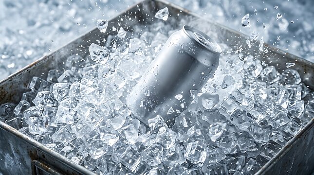 Aluminum beverage can cooling in a metal container filled with crushed ice cubes