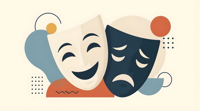 Modern flat vector illustration of classic comedy and tragedy theater masks with abstract geometric elements and professional color palette.