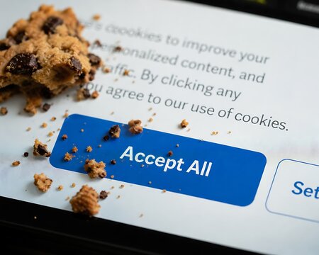 A conceptual photograph of a real chocolate chip cookie placed on a digital screen displaying a website cookie consent banner notification