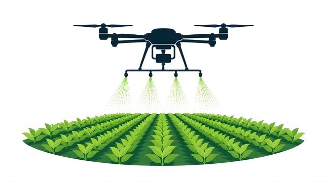 Autonomous agricultural drone spraying chemicals over green crop field rows vector illustration