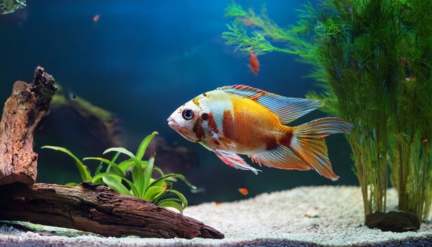 vibrant aquarium fish swimming among aquatic plants and driftwood