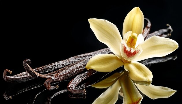 vanilla beans and blossoms on black macro close up