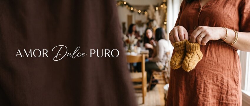 Pregnant woman holding baby booties at cozy baby shower party with friends in warm indoor setting, expecting mother celebrating new life and motherhood concept with copy space and rustic decor.