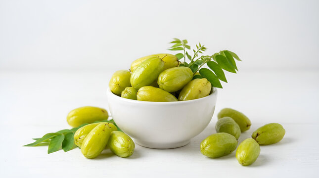 White bowl filled with fresh glossy green bilimbi fruits, some scattered around with green leaves, sour tropical fruit, clean white minimalist background