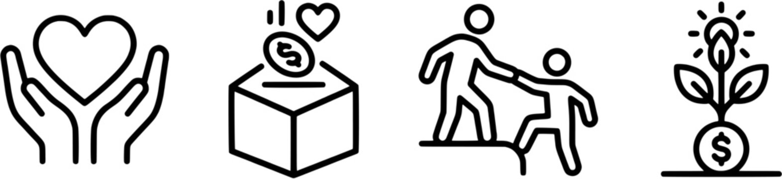 Charity and philanthropy icon set in a simple line art style including heart in hands, donation box, helping hand and financial growth symbols.