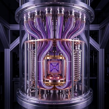 A high tech quantum computer processor unit encased in a glass cylinder with glowing purple light emitting from the complex gold and silver internal components