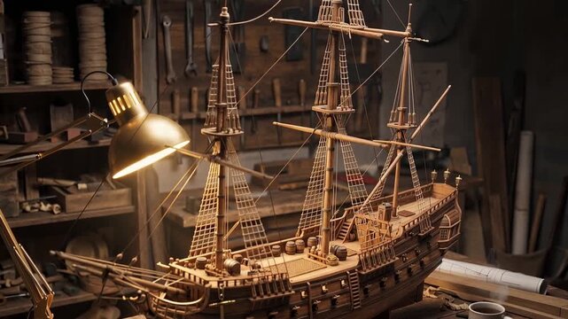 Tracking shot of wooden model ship being assembled on cluttered workbench in vintage workshop under warm lamp light; close pans reveal rigging hull details and tools