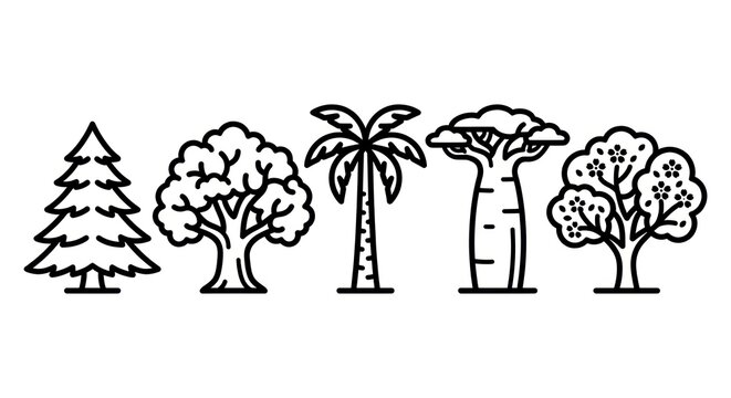 Collection of diverse tree illustrations in a simple line art style.