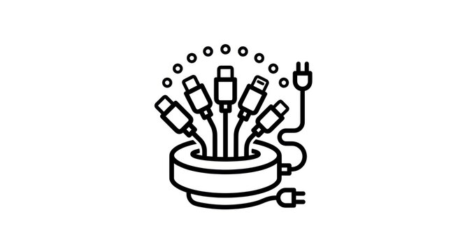 Collection of various electronic charging cables and plugs arranged in a circle.