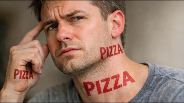 A person with a humorous facial painting of pizza, perfect for comedy or advertising use