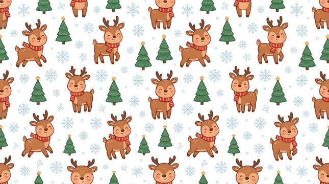 Cute Christmas seamless pattern with cartoon reindeers and green pine trees on a white background for kids holiday apparel and paper.