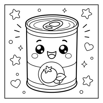 Kawaii food tin can illustration featuring a cute tomato character design for children coloring book pages and artistic activities