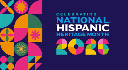 Fototapeta na wymiar Dark blue geometric colorful banner background template, pattern for National Hispanic Heritage Month 2026