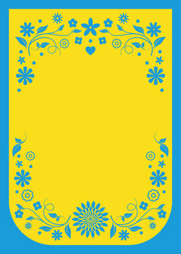 Blank invitation card border template, 
vector floral background with copy space 
for Hispanic Heritage Month, 
Cinco de mayo party invite. Modern simple yellow & blue bg