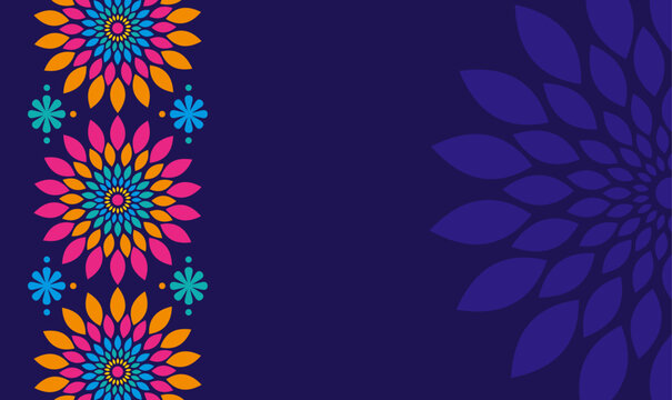 Dark blue floral mandala pattern border vector 
abstract background with copy space for 
Hispanic Heritage Month, Cinco De Mayo festival banner.