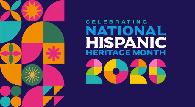Dark blue geometric colorful banner 
background template, pattern for 
National Hispanic Heritage Month 2026