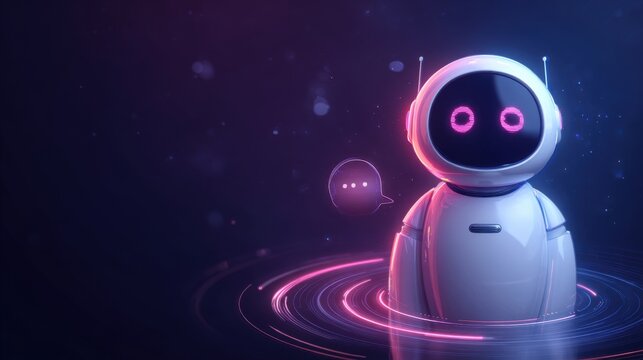 A small white robot with glowing eyes communicates in digital space