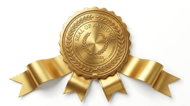 Gold seal of approval with ribbons isolated on white background for quality certification.