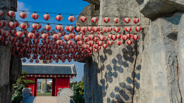Japanese Garden Park in Hanoi with Lantern Canopy and Red Bridge