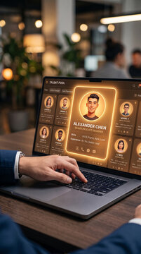 Laptop screen displaying a talent pool with employee profiles, showcasing professional networks and recruitment, perfect for HR or business concepts