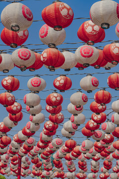 Japanese Chochin Paper Lanterns with Floral Crest Motifs Against Blue Sky