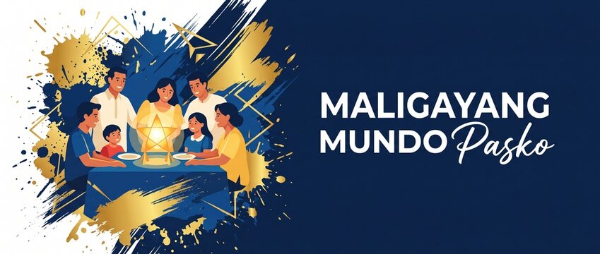 Filipino Family Christmas Pasko Banner celebrating Noche Buena with star parol lantern for festive Tagalog holiday greeting design vector illustration abstract gold blue background.