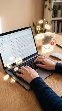 Person typing on laptop with glowing email icons, symbolizing digital communication and notifications, perfect for online services or business concepts