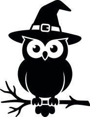 Fototapeta premium Cute owl wearing a witch hat, black and white Halloween vector silhouette.
