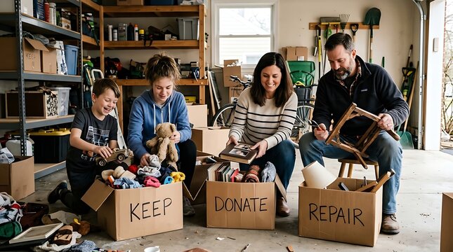 Family sorting items in garage for keep donate and repair