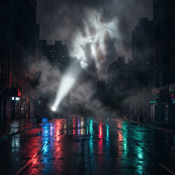Wet asphalt, reflection of neon lights, a searchlight, smoke. Abstract light in a dark empty street with smoke, smog. Dark background scene of empty street, night view, night city.