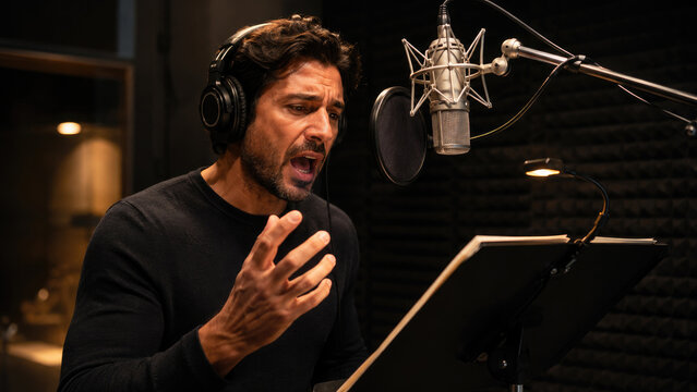 Man performing an emotional voiceover in a professional recording studio booth, reading from a script into a microphone