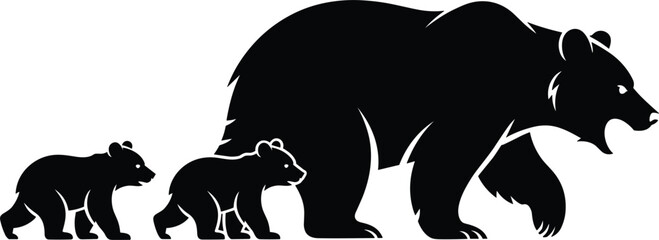 Black silhouette of a large grizzly bear walking with two small bear cubs following behind, isolated on a white background, wildlife imagery © Narul766