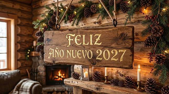 Feliz ano nuevo 2027 carved wooden sign hanging in a cozy rustic log cabin