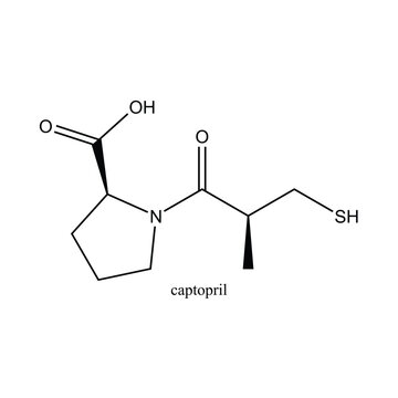 Captopril molecular structure shown as a two-dimensional chemical skeletal formula isolated on a clean white background for pharmaceutical, medical, chemistry, and scientific applications.