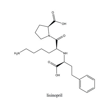 Lisinopril molecular structure shown as a two-dimensional chemical skeletal formula isolated on a clean white background for pharmaceutical, medical, chemistry, and scientific applications.