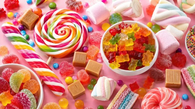 Colorful assorted candies arranged on a pink background, featuring lollipops, gummy bears, marshmallows, caramels, and sugar-coated sweets