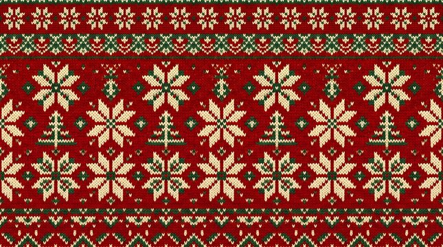 Seamless Scandinavian knitted sweater pattern with fair isle snowflakes and winter ornament vector background for holiday design.