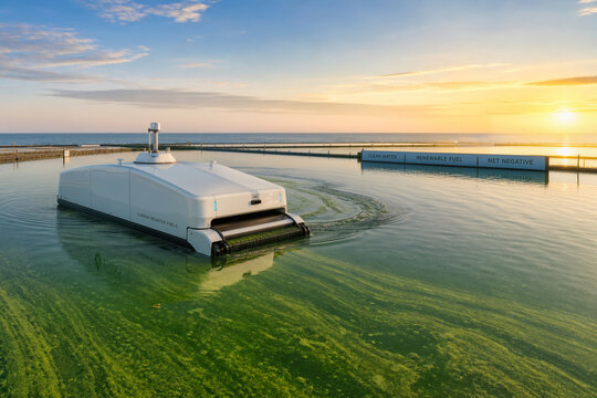 Autonomous robotic harvester gliding across coastal microalgae cultivation pond at golden sunrise for algae biofuel and carbon negative renewable fuel production Sphaerica