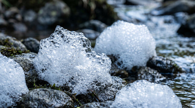 Close-up of white foam bubbles on dark rocks near flowing water, evoking nature's ephemeral beauty and the power of water