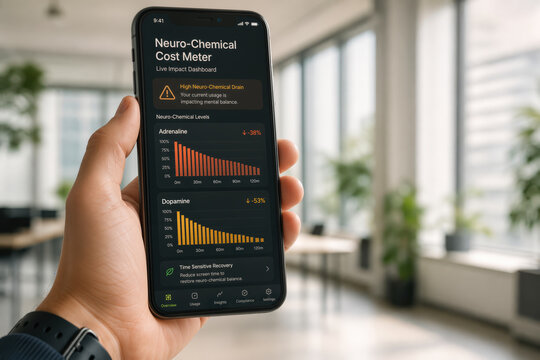 Neuro-Chemical Cost Meter smartphone dashboard showing Adrenaline and Dopamine audit with amber warning icon for digital wellness legislation and screen time regulation policy visualization