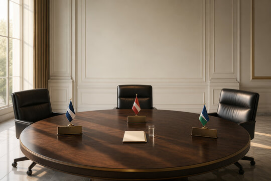 Round diplomatic conference table with three blank nameplates and generic national flags centered document glass of water symbolic backchannel diplomacy de-escalation mediation