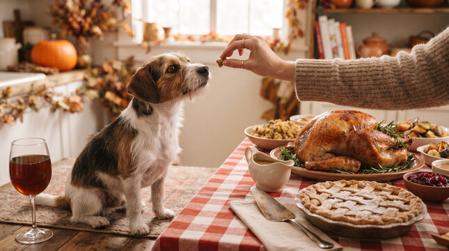 Dog receives treat at Thanksgiving dinner table with roast turkey, pie, and autumn decor, symbolizing gratitude and family gathering.