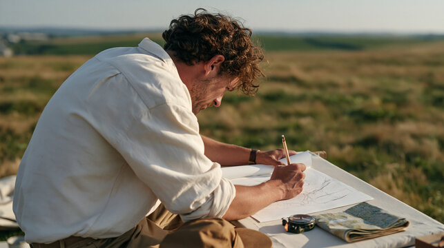 Sail maker in a quiet rural field sketches a competitive orienteering course layout on paper, a compass and folded map resting on the canvas as an over the shoulder framing