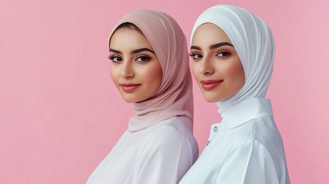 Two women in elegant hijabs posing confidently against a soft pink background, showcasing modest fashion and cultural style with grace and sophistication.