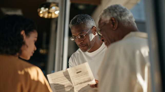 Ghanaian nurse and elderly opera composer in a hospital corridor sharing a libretto page as he explains a musical concept simply their reflections caught in a puddle of light cast