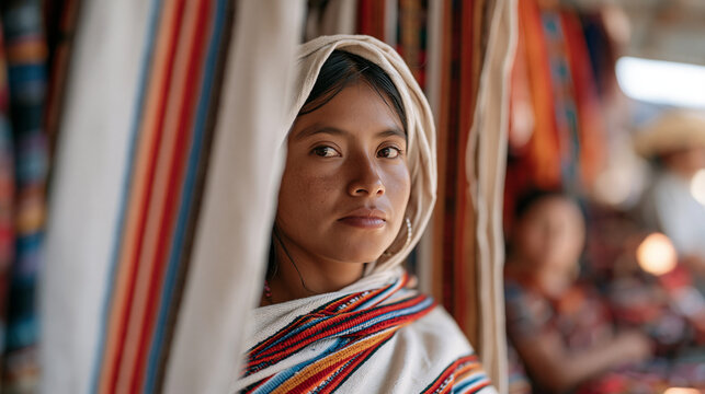 Guatemalan textile vendor at a vibrant local market waits nervously behind protective woven fabric panels for approval from a hyperlocal SEO consultant reviewing signage, a