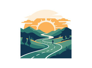 Obraz premium Winding Road Through Green Mountains at Sunrise a Lone Person Embarking on a Hopeful Journey