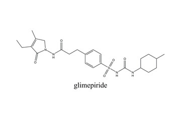 Obraz premium Glimepiride molecular structure shown as a two-dimensional chemical skeletal formula isolated on a clean white background for diabetes, pharmaceutical, medical, and scientific applications.